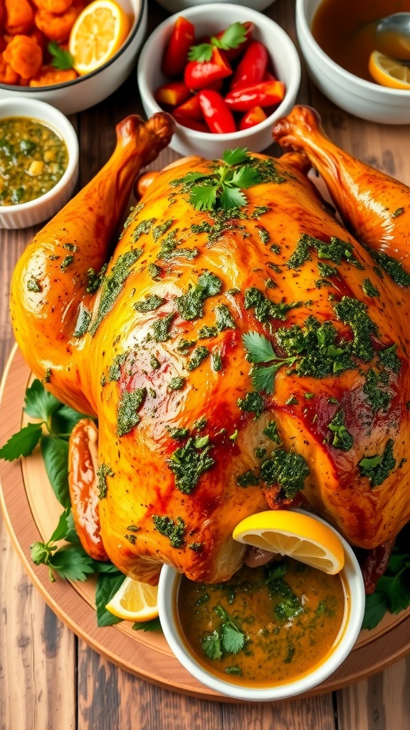 A roasted turkey with chimichurri sauce and parsley, served with lemon wedges on a wooden table.